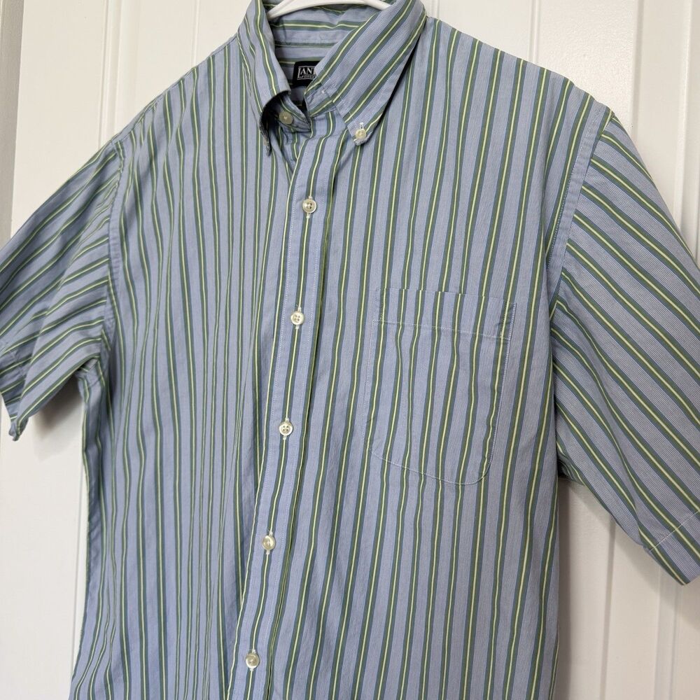 Lands End Short Sleeve Button Up Striped Shirt Men’s Medium 15.5 Reg Blue Green